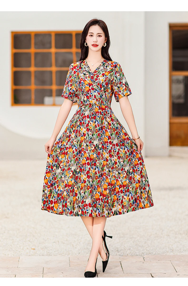 New Casual 2024 Women summer Dress Floral Print short Sleeve FashionElegant Vintage O-Neck Plus size Dresses