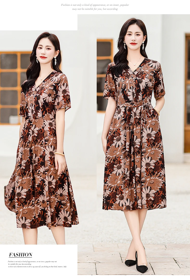 New Casual 2024 Women summer Dress Floral Print short Sleeve FashionElegant Vintage O-Neck Plus size Dresses