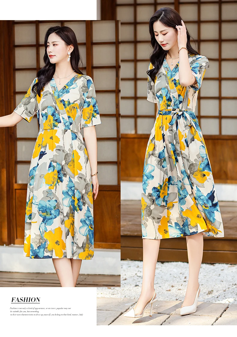 New Casual 2024 Women summer Dress Floral Print short Sleeve FashionElegant Vintage O-Neck Plus size Dresses
