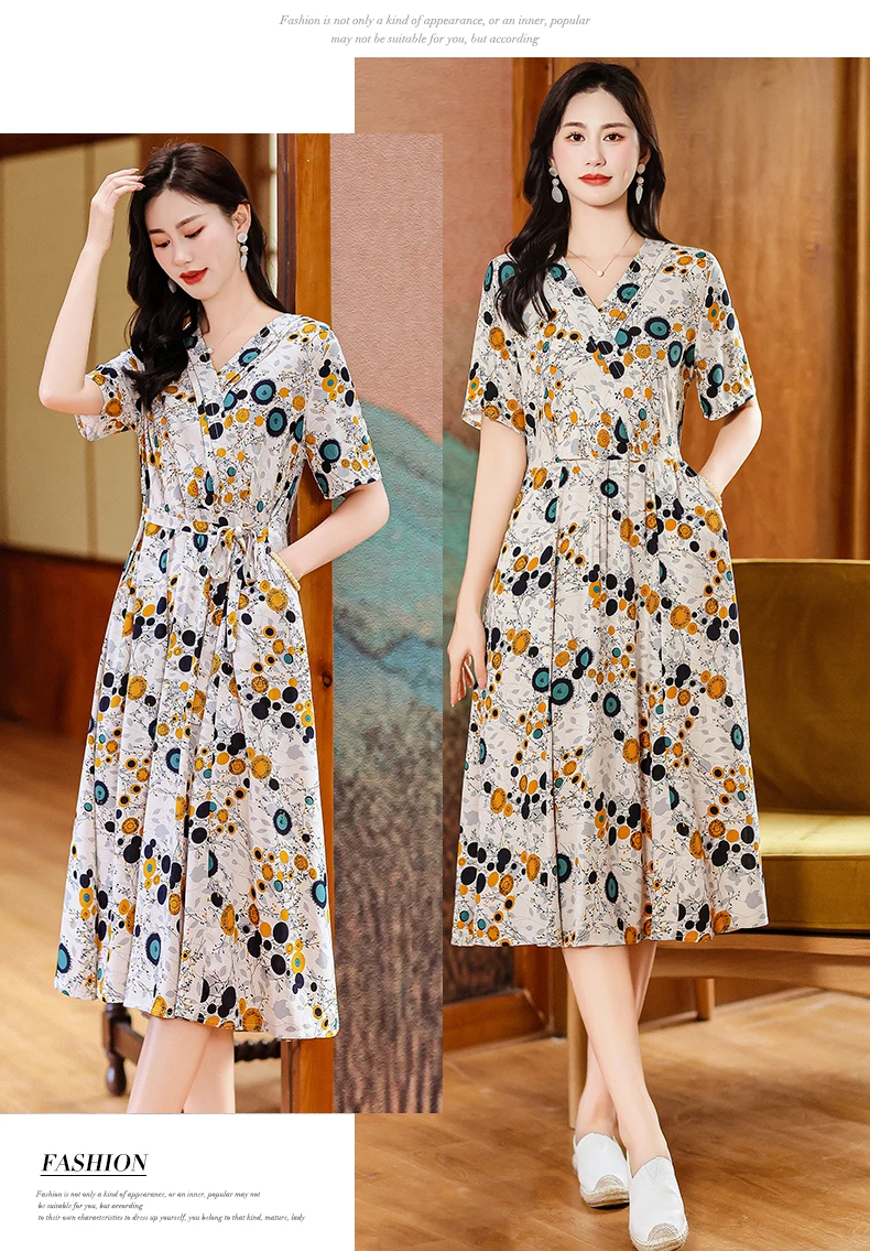 New Casual 2024 Women summer Dress Floral Print short Sleeve FashionElegant Vintage O-Neck Plus size Dresses