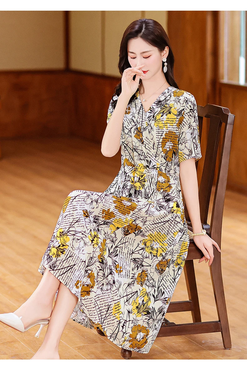 New Casual 2024 Women summer Dress Floral Print short Sleeve FashionElegant Vintage O-Neck Plus size Dresses