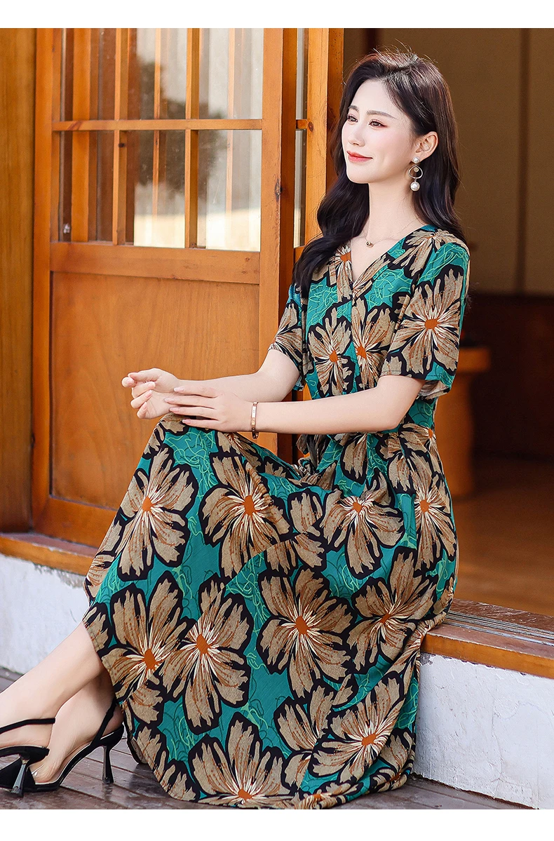 New Casual 2024 Women summer Dress Floral Print short Sleeve FashionElegant Vintage O-Neck Plus size Dresses