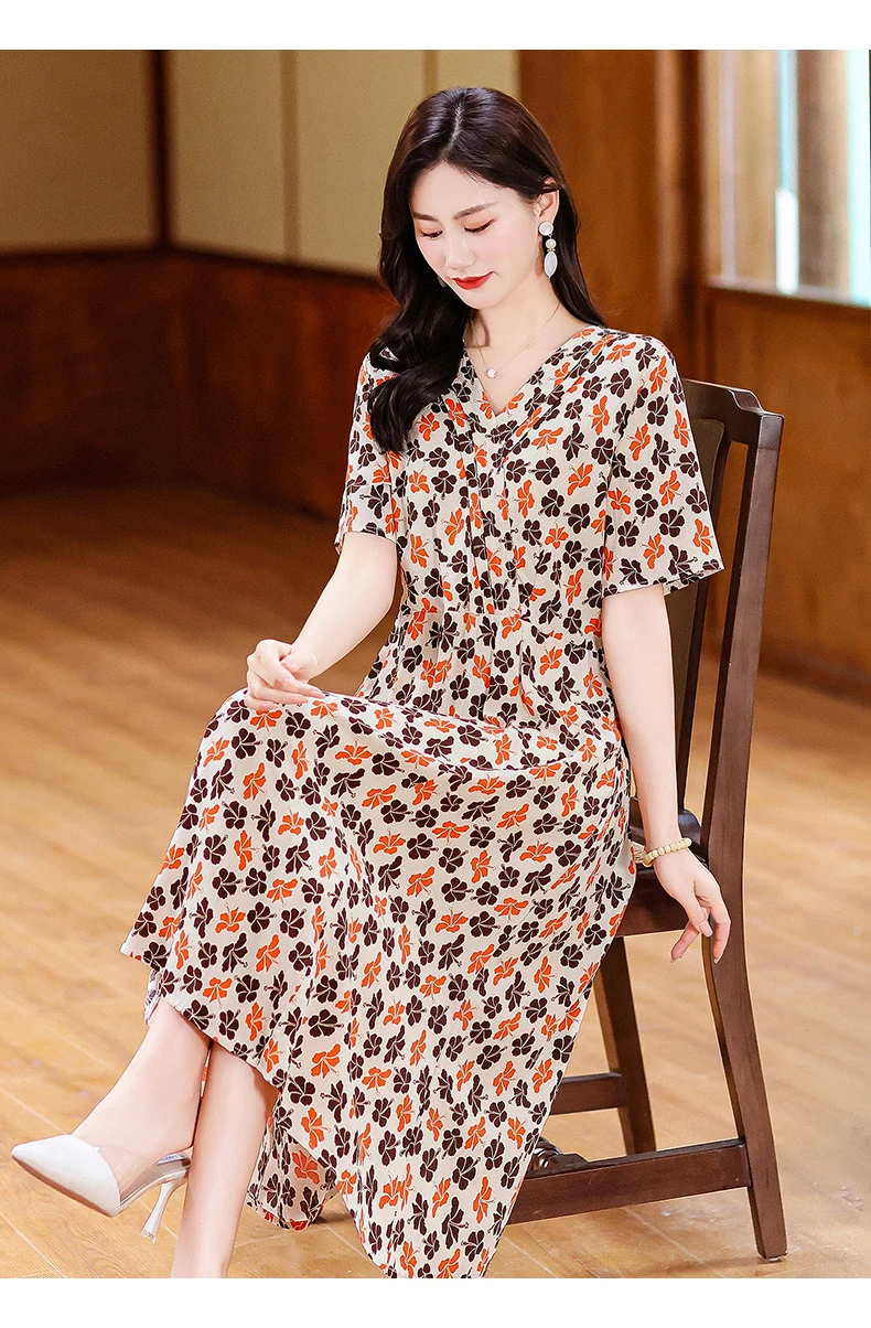 New Casual 2024 Women summer Dress Floral Print short Sleeve FashionElegant Vintage O-Neck Plus size Dresses