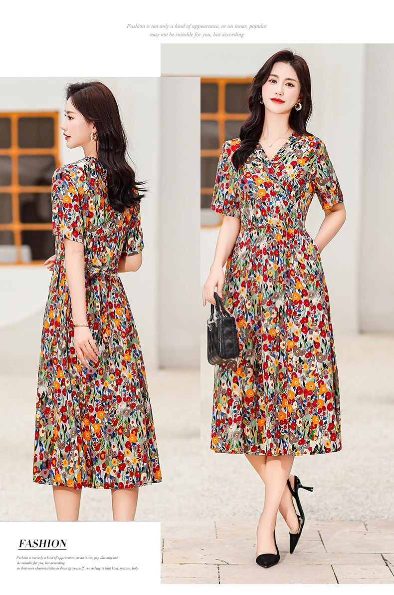 New Casual 2024 Women summer Dress Floral Print short Sleeve FashionElegant Vintage O-Neck Plus size Dresses