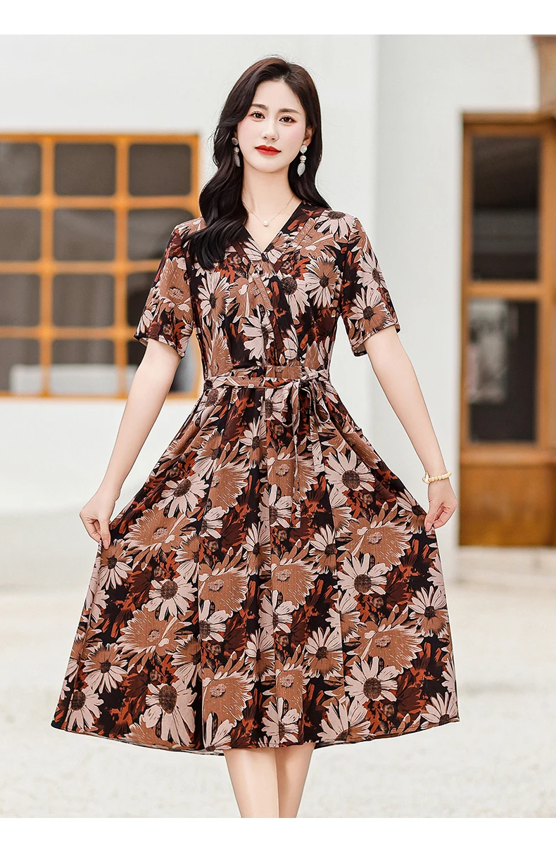 New Casual 2024 Women summer Dress Floral Print short Sleeve FashionElegant Vintage O-Neck Plus size Dresses