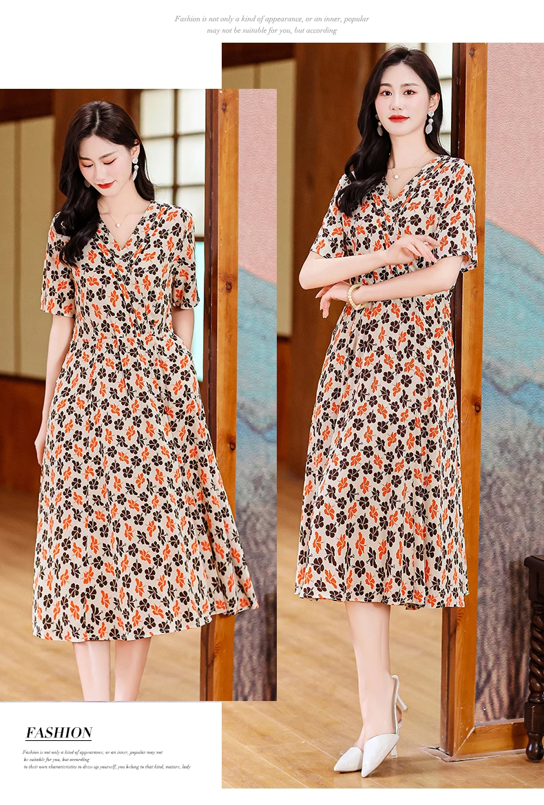 New Casual 2024 Women summer Dress Floral Print short Sleeve FashionElegant Vintage O-Neck Plus size Dresses
