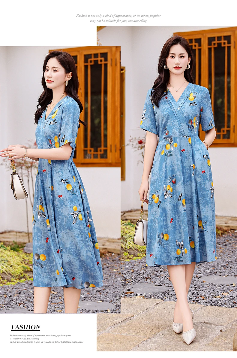 New Casual 2024 Women summer Dress Floral Print short Sleeve FashionElegant Vintage O-Neck Plus size Dresses