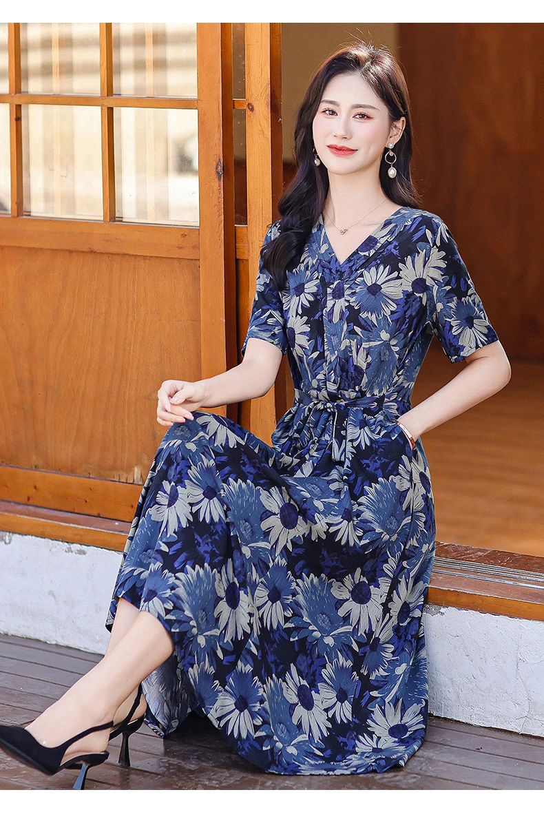 New Casual 2024 Women summer Dress Floral Print short Sleeve FashionElegant Vintage O-Neck Plus size Dresses