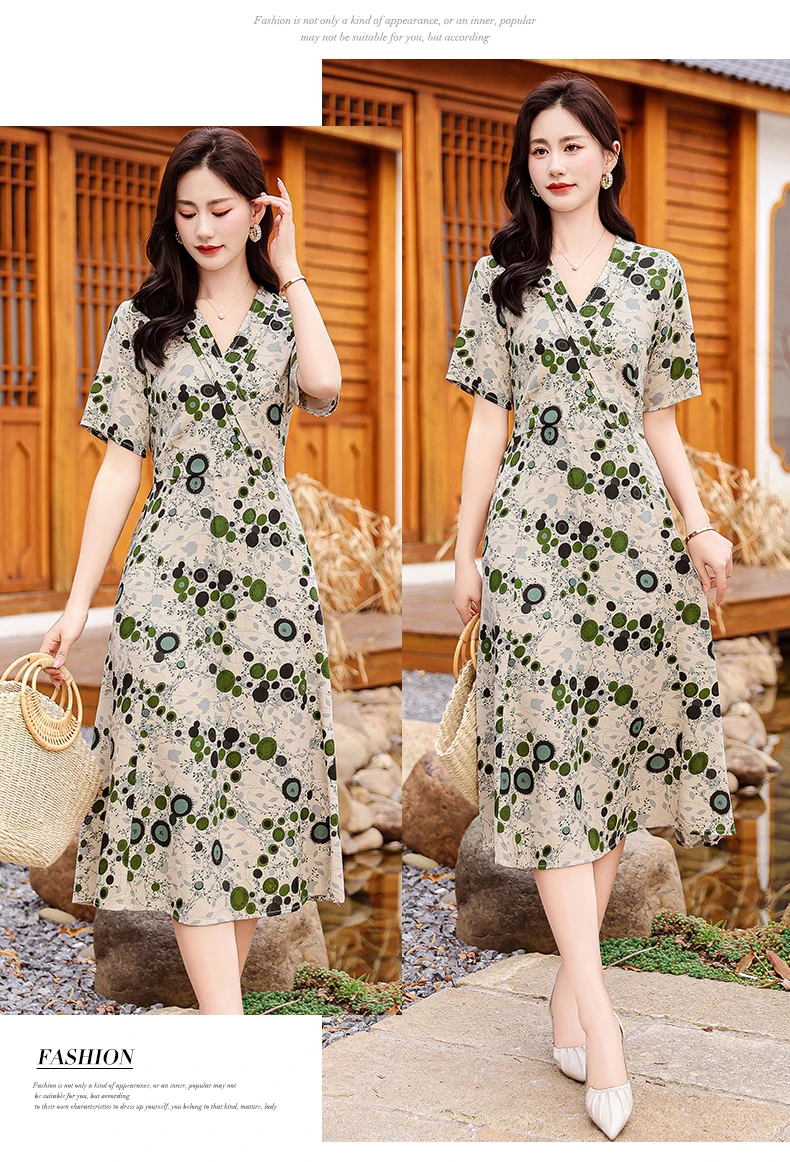 New Casual 2024 Women summer Dress Floral Print short Sleeve FashionElegant Vintage O-Neck Plus size Dresses