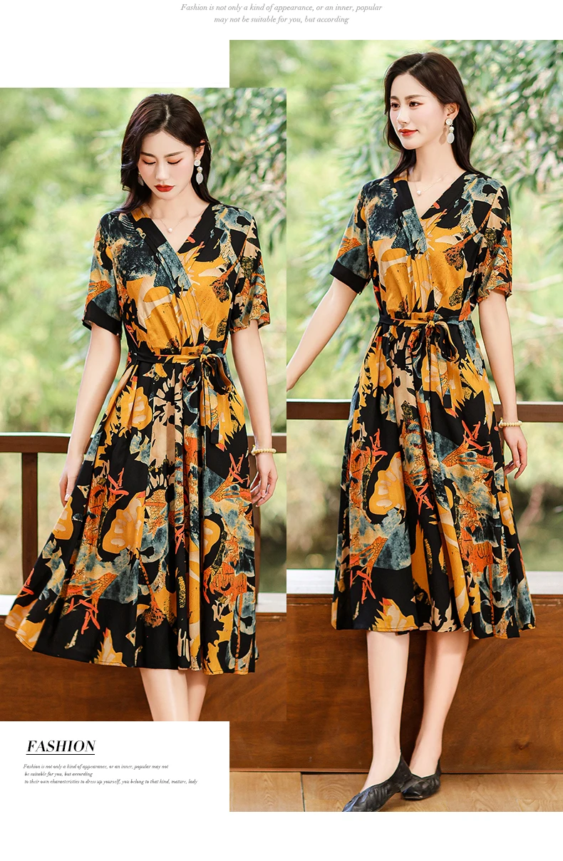 New Casual 2024 Women summer Dress Floral Print short Sleeve FashionElegant Vintage O-Neck Plus size Dresses