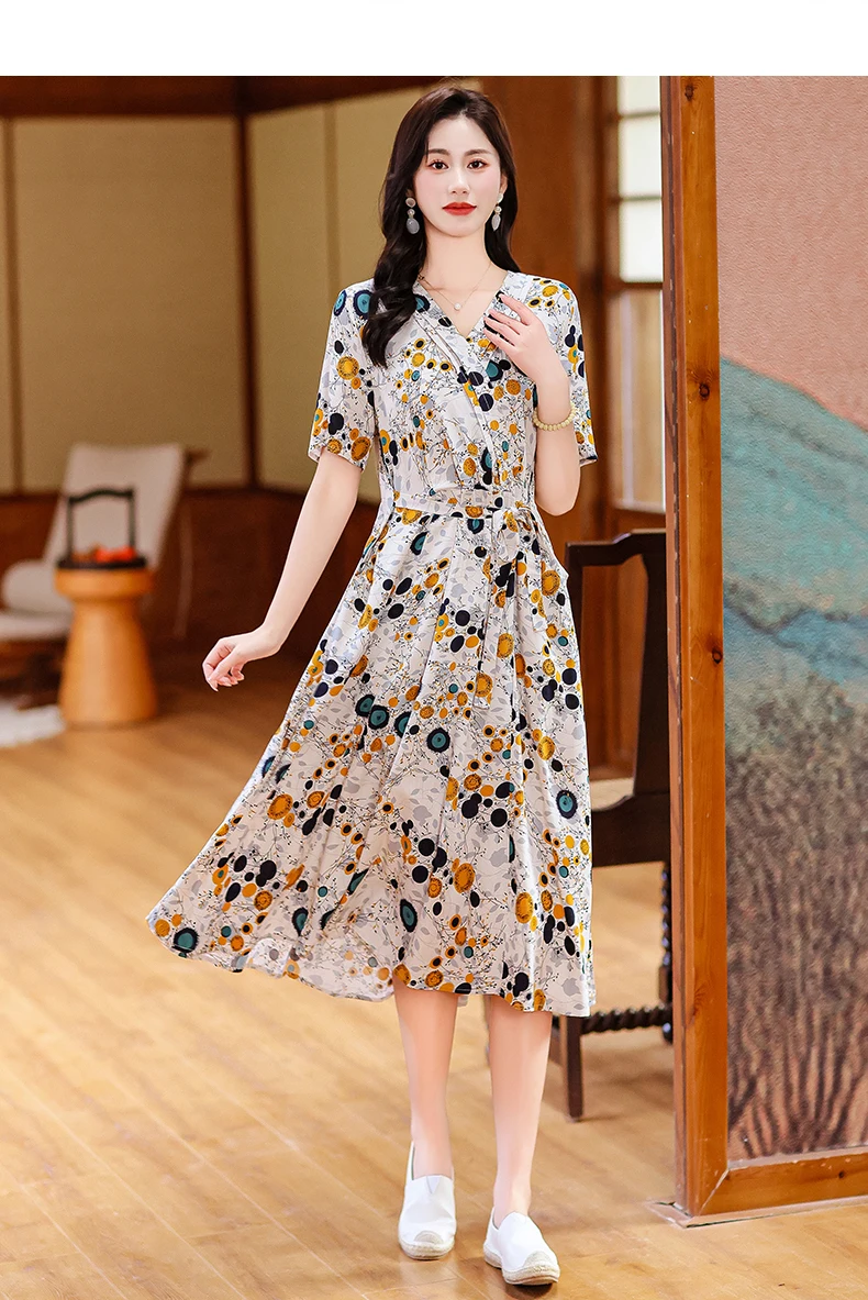 New Casual 2024 Women summer Dress Floral Print short Sleeve FashionElegant Vintage O-Neck Plus size Dresses