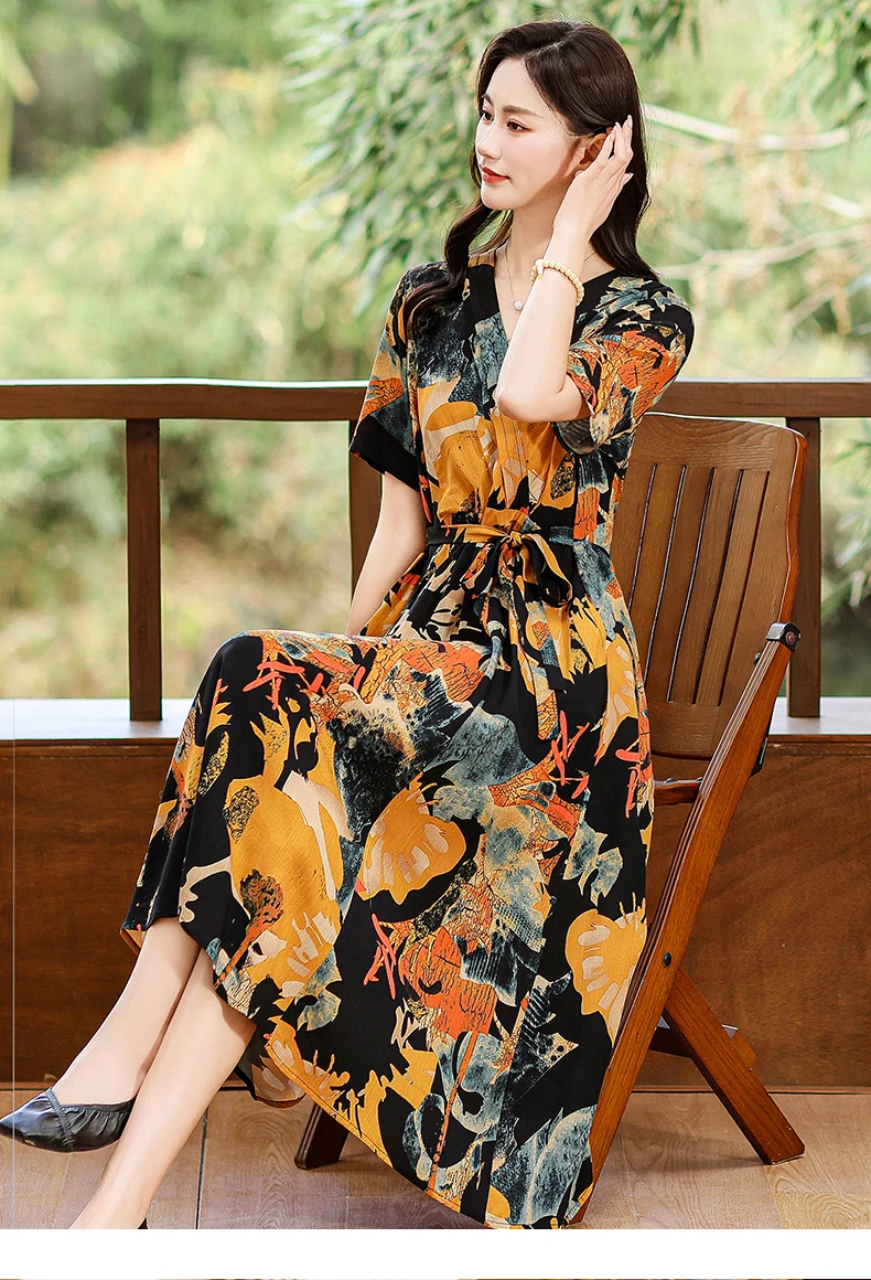 New Casual 2024 Women summer Dress Floral Print short Sleeve FashionElegant Vintage O-Neck Plus size Dresses