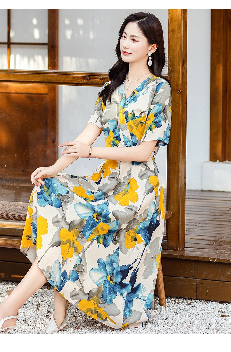 New Casual 2024 Women summer Dress Floral Print short Sleeve FashionElegant Vintage O-Neck Plus size Dresses