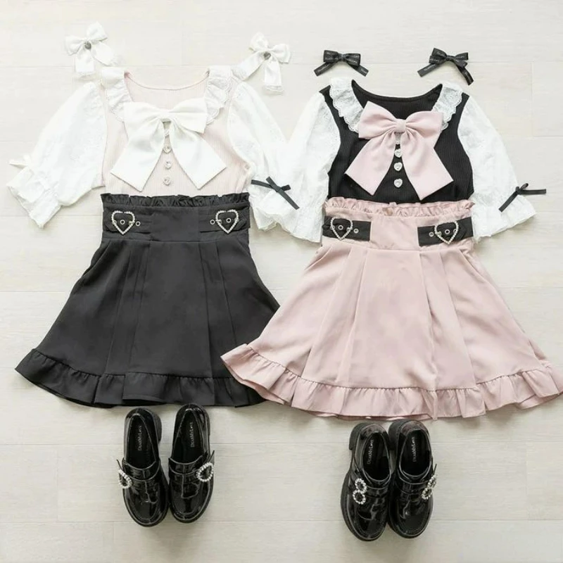 Dark Gothic Y2k Lolita High Waist Pleated Skirt Women Chic Love Buckle Ruffle Short Skirt Korean Fashion A-Line Long Strap Skirt