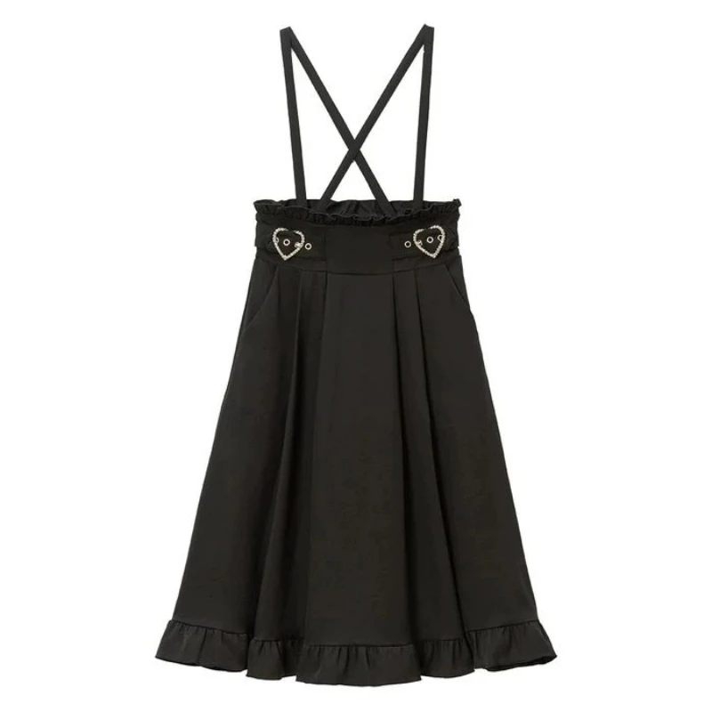 Dark Gothic Y2k Lolita High Waist Pleated Skirt Women Chic Love Buckle Ruffle Short Skirt Korean Fashion A-Line Long Strap Skirt