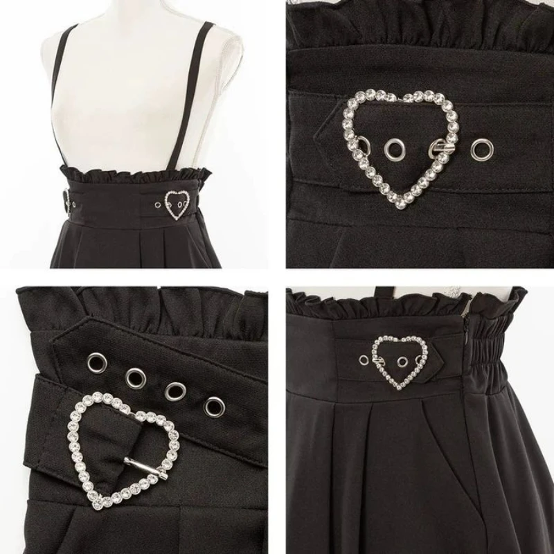 Dark Gothic Y2k Lolita High Waist Pleated Skirt Women Chic Love Buckle Ruffle Short Skirt Korean Fashion A-Line Long Strap Skirt