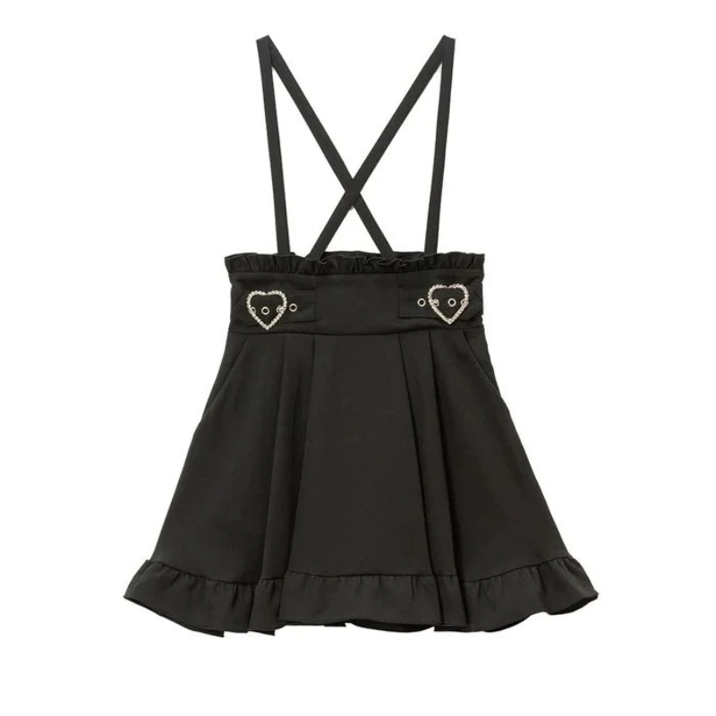 Dark Gothic Y2k Lolita High Waist Pleated Skirt Women Chic Love Buckle Ruffle Short Skirt Korean Fashion A-Line Long Strap Skirt
