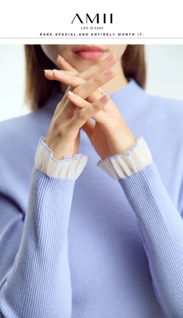 AMII Minimalism Mock Neck Sweaters Women 2024 Autumn New Slim Fit Knit Top Long Sleeve Female Wool Pullovers Sweater 12443251