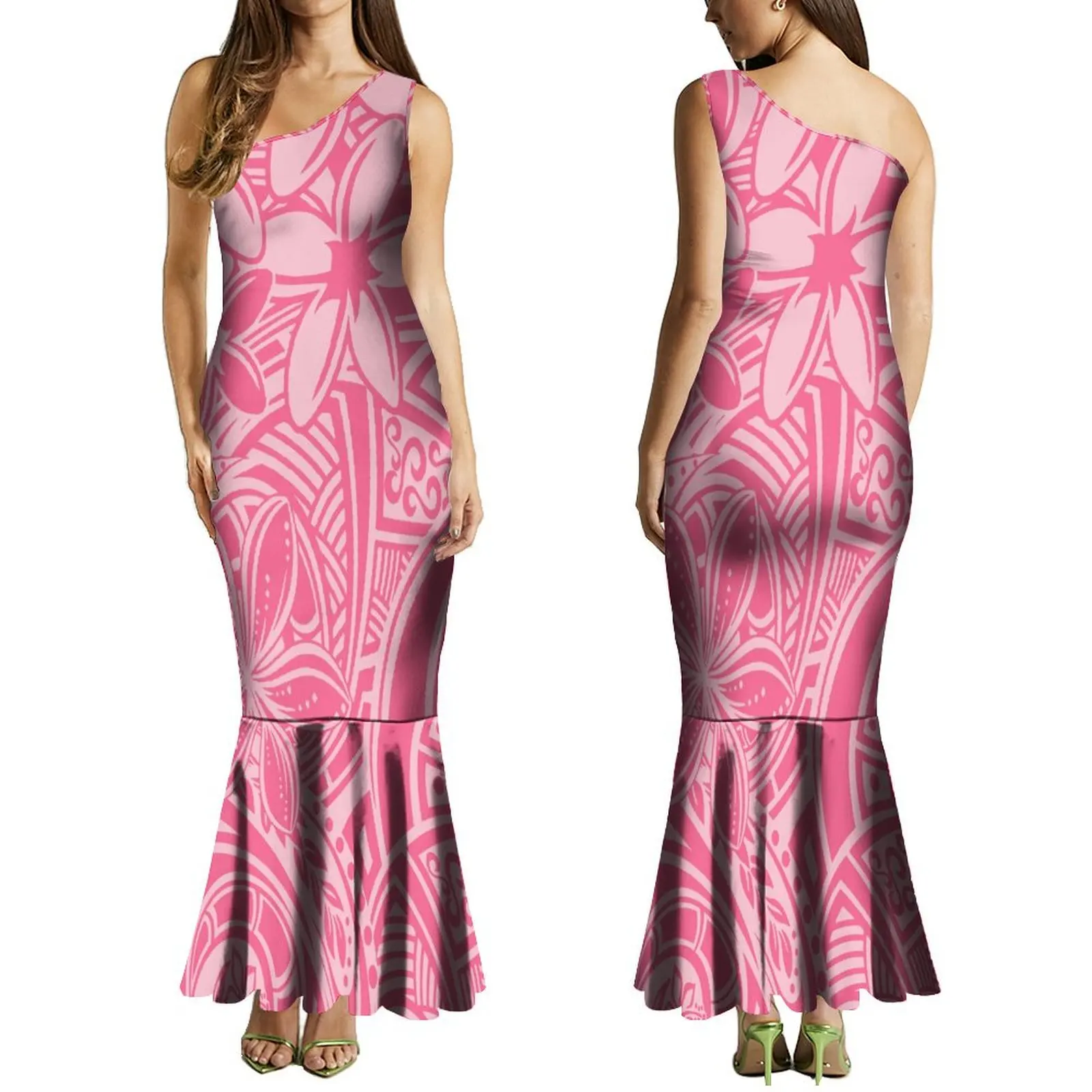 Summer Ladies One-Shoulder Long Dress Slim Fishtail Skirt Men'S Shirt Polynesian Couple Set Custom Tribal Floral Print