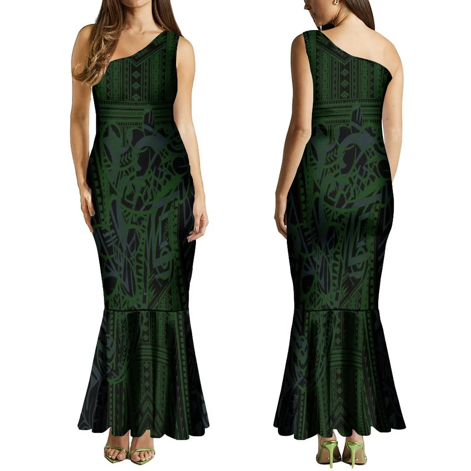 Summer Ladies One-Shoulder Long Dress Slim Fishtail Skirt Men'S Shirt Polynesian Couple Set Custom Tribal Floral Print