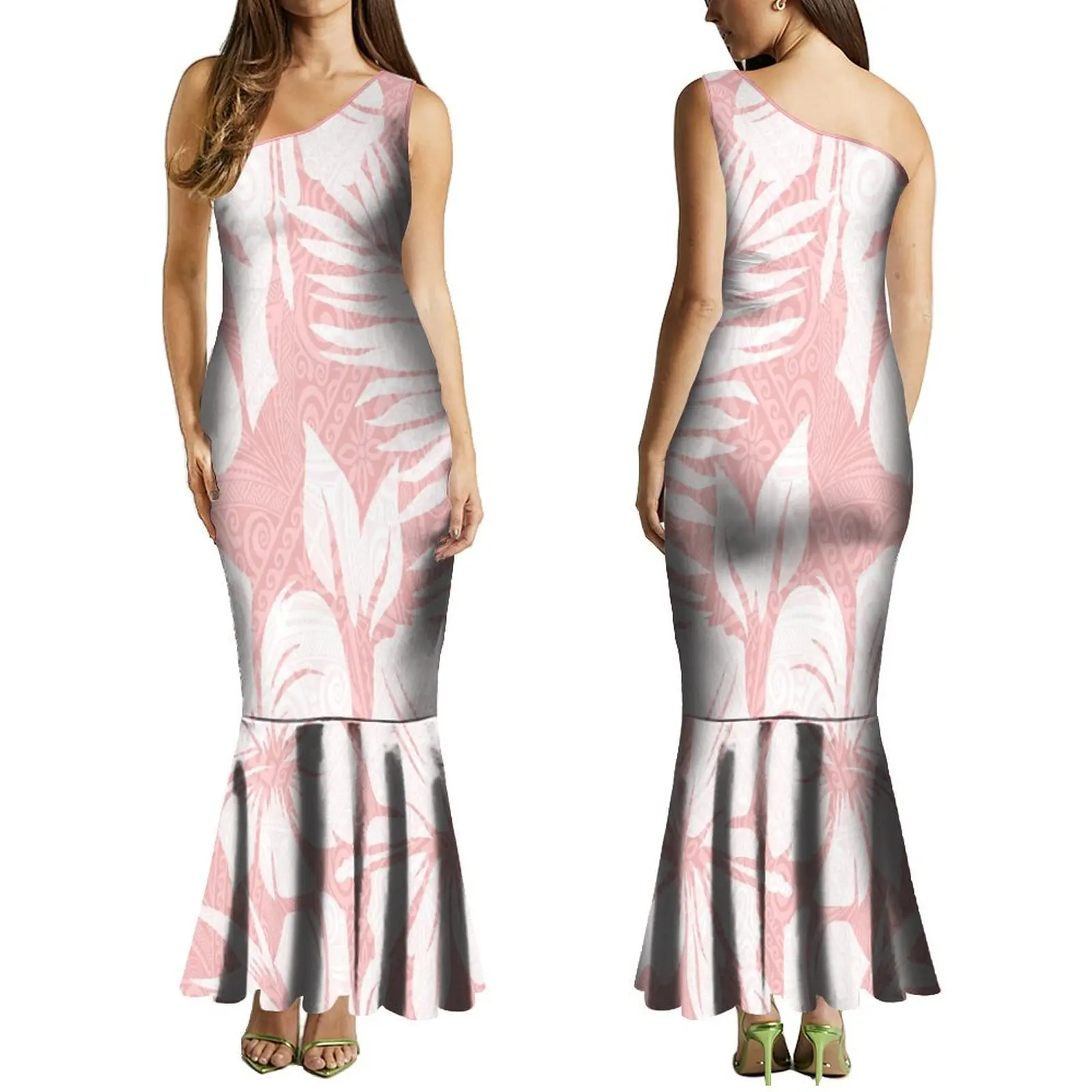 Summer Ladies One-Shoulder Long Dress Slim Fishtail Skirt Men'S Shirt Polynesian Couple Set Custom Tribal Floral Print