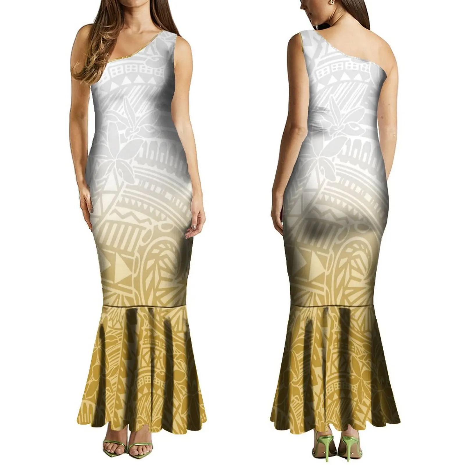 Summer Ladies One-Shoulder Long Dress Slim Fishtail Skirt Men'S Shirt Polynesian Couple Set Custom Tribal Floral Print