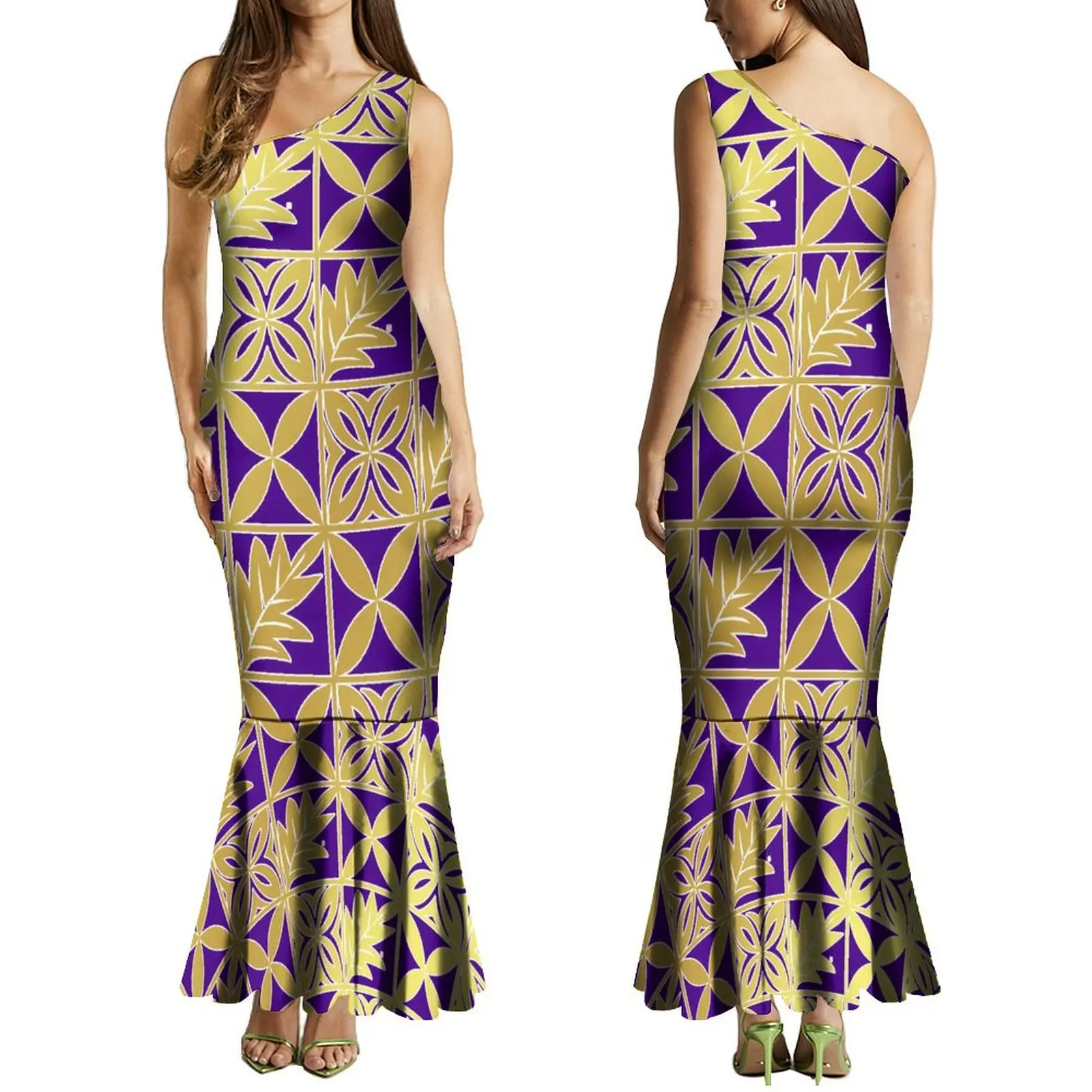 Summer Ladies One-Shoulder Long Dress Slim Fishtail Skirt Men'S Shirt Polynesian Couple Set Custom Tribal Floral Print