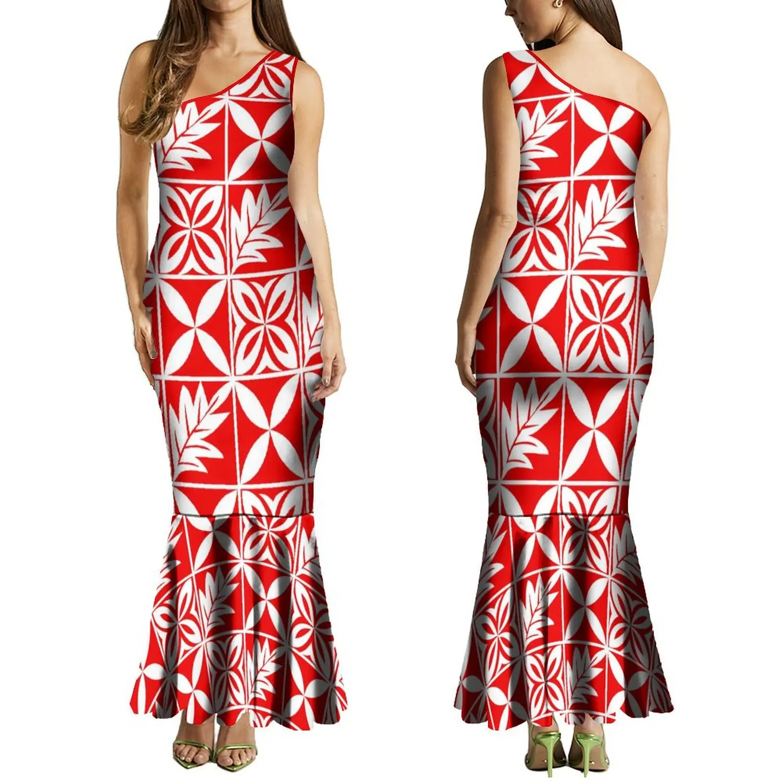 Summer Ladies One-Shoulder Long Dress Slim Fishtail Skirt Men'S Shirt Polynesian Couple Set Custom Tribal Floral Print