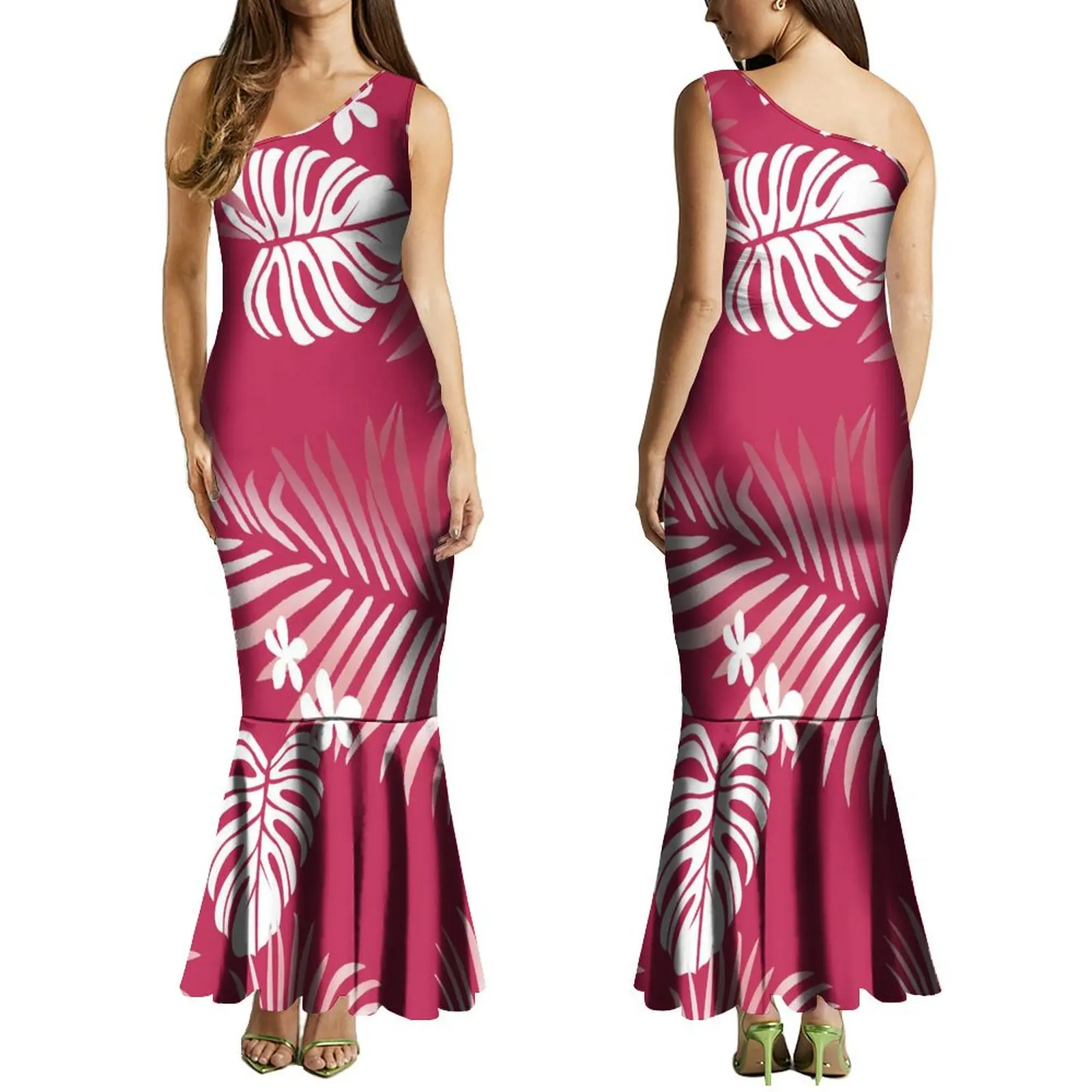 Summer Ladies One-Shoulder Long Dress Slim Fishtail Skirt Men'S Shirt Polynesian Couple Set Custom Tribal Floral Print