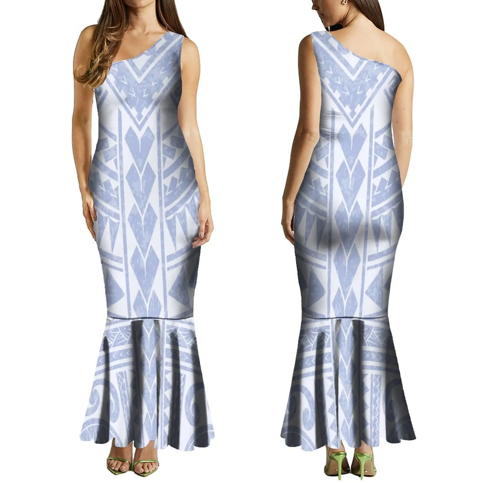 Summer Ladies One-Shoulder Long Dress Slim Fishtail Skirt Men'S Shirt Polynesian Couple Set Custom Tribal Floral Print