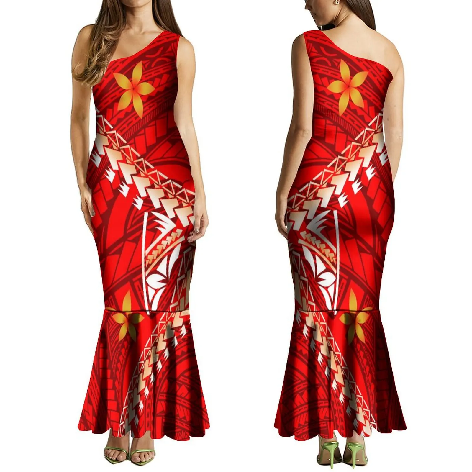 Summer Ladies One-Shoulder Long Dress Slim Fishtail Skirt Men'S Shirt Polynesian Couple Set Custom Tribal Floral Print