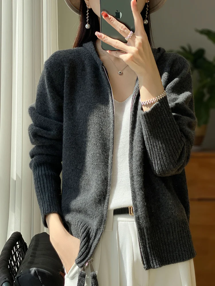 100% Merino Wool Cardigan Sweater Autumn Winter Women Zipper Hoodie Long Sleeve Pure Colors Cashmere Knitwear Female Clothing