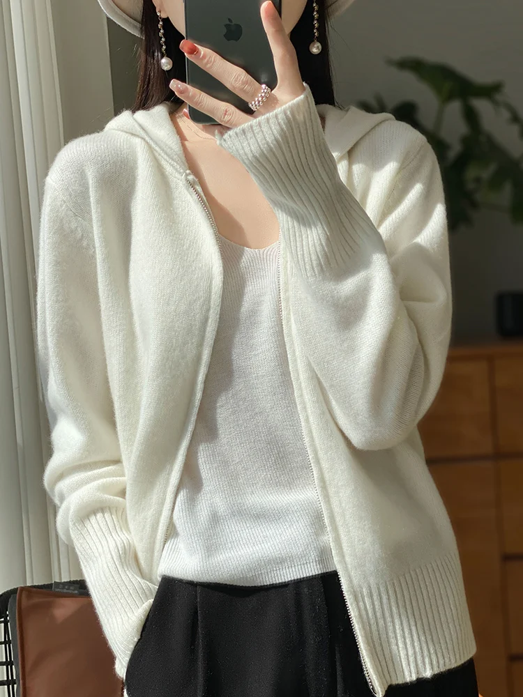 100% Merino Wool Cardigan Sweater Autumn Winter Women Zipper Hoodie Long Sleeve Pure Colors Cashmere Knitwear Female Clothing