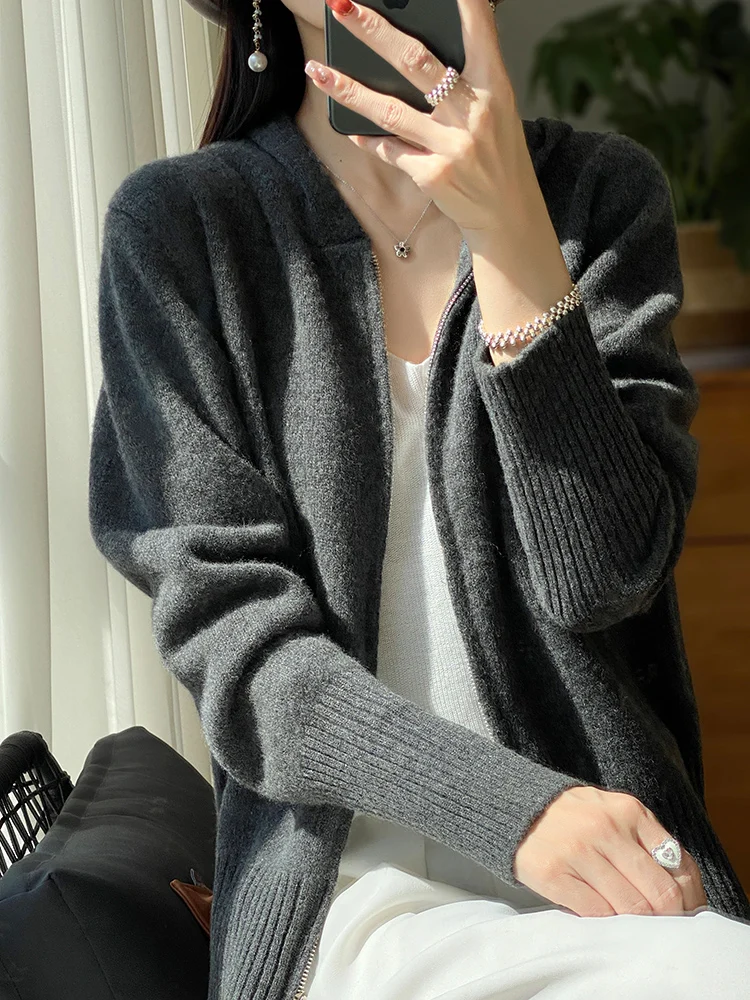 100% Merino Wool Cardigan Sweater Autumn Winter Women Zipper Hoodie Long Sleeve Pure Colors Cashmere Knitwear Female Clothing