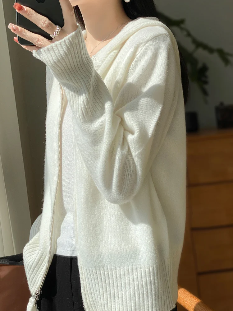 100% Merino Wool Cardigan Sweater Autumn Winter Women Zipper Hoodie Long Sleeve Pure Colors Cashmere Knitwear Female Clothing