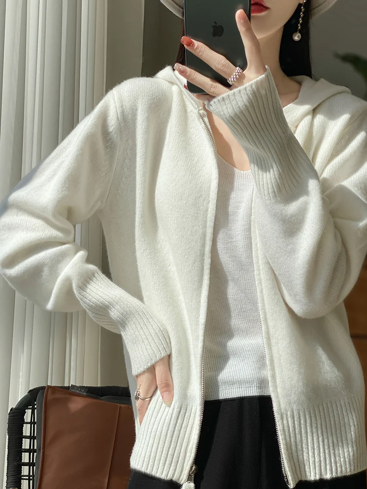 100% Merino Wool Cardigan Sweater Autumn Winter Women Zipper Hoodie Long Sleeve Pure Colors Cashmere Knitwear Female Clothing