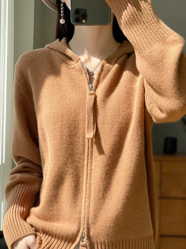100% Merino Wool Cardigan Sweater Autumn Winter Women Zipper Hoodie Long Sleeve Pure Colors Cashmere Knitwear Female Clothing