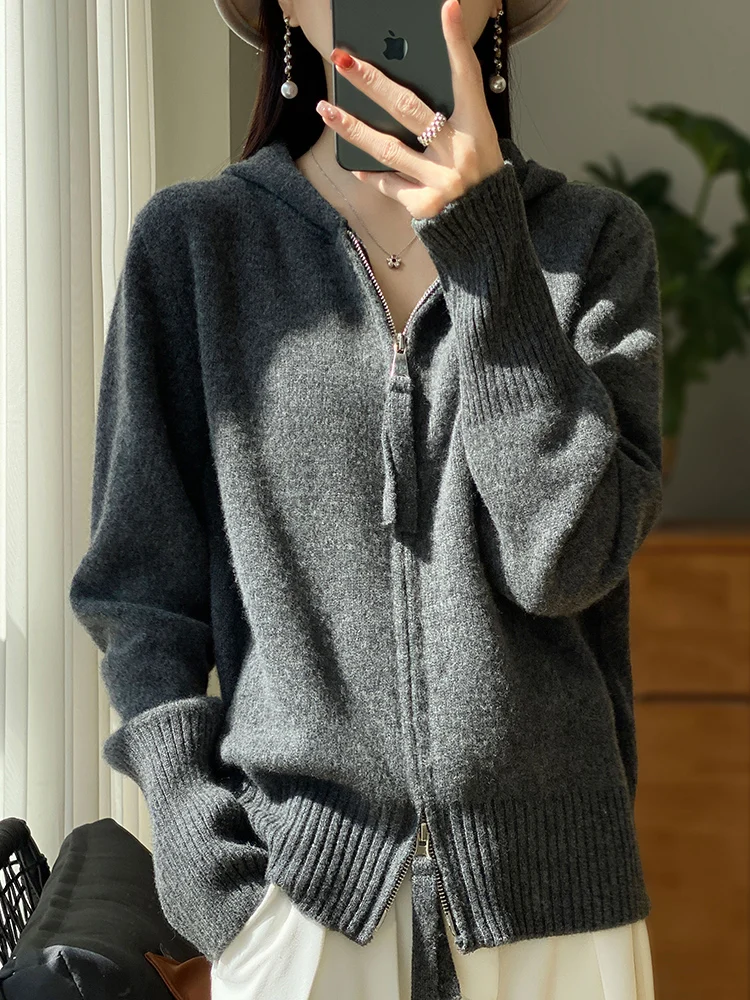 100% Merino Wool Cardigan Sweater Autumn Winter Women Zipper Hoodie Long Sleeve Pure Colors Cashmere Knitwear Female Clothing