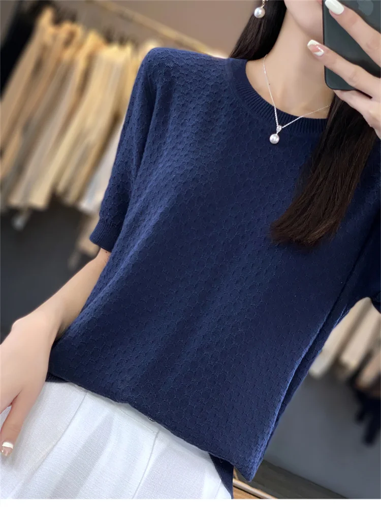 Women's T-shirt Summer 100% Cotton Sweater Short Sleeve Solid Color Round Neck Ladies Tops Loose Blouse Basic Pullover Tees