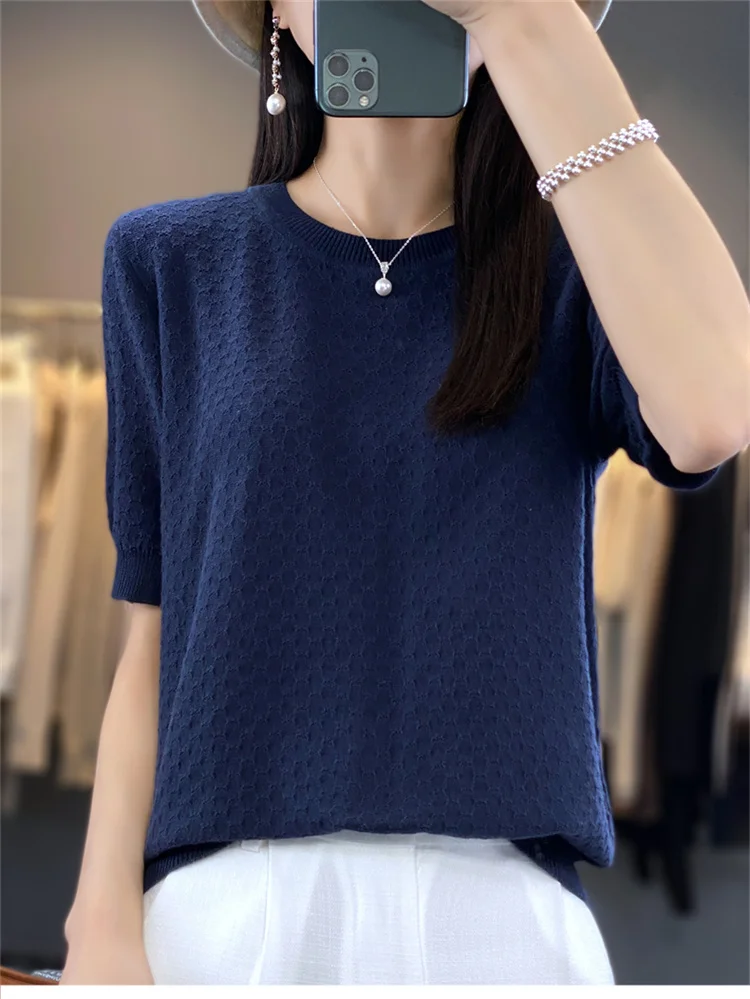 Women's T-shirt Summer 100% Cotton Sweater Short Sleeve Solid Color Round Neck Ladies Tops Loose Blouse Basic Pullover Tees
