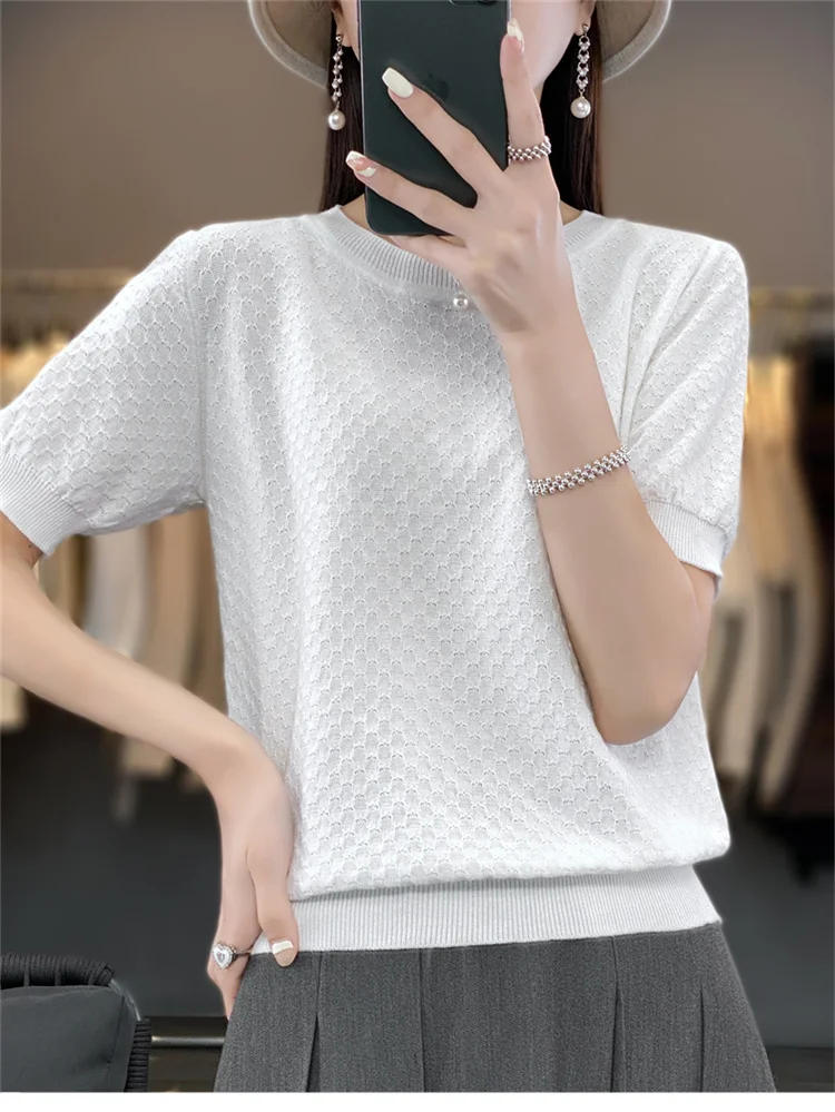 Women's T-shirt Summer 100% Cotton Sweater Short Sleeve Solid Color Round Neck Ladies Tops Loose Blouse Basic Pullover Tees
