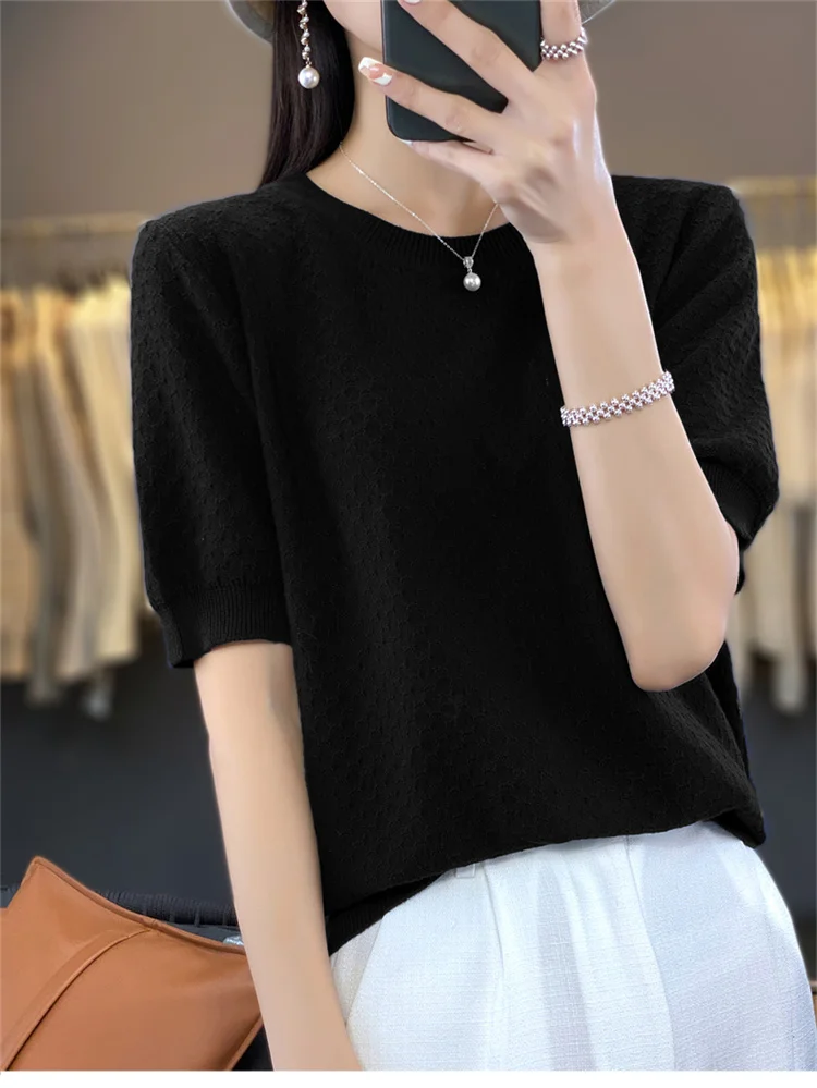 Women's T-shirt Summer 100% Cotton Sweater Short Sleeve Solid Color Round Neck Ladies Tops Loose Blouse Basic Pullover Tees
