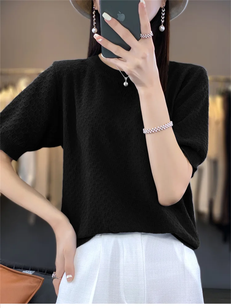 Women's T-shirt Summer 100% Cotton Sweater Short Sleeve Solid Color Round Neck Ladies Tops Loose Blouse Basic Pullover Tees