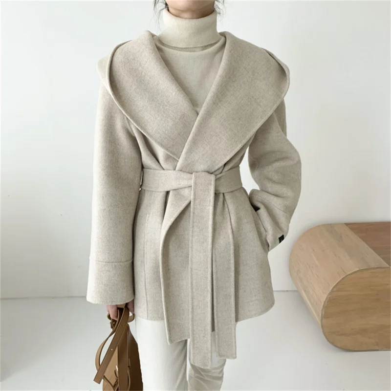 Hooded Jacket Ladies Elegant Solid Color Lace Up Woolen Jacket Outerwear Vintage Woolen Coat Women Autumn Winter Blend Wool Coat
