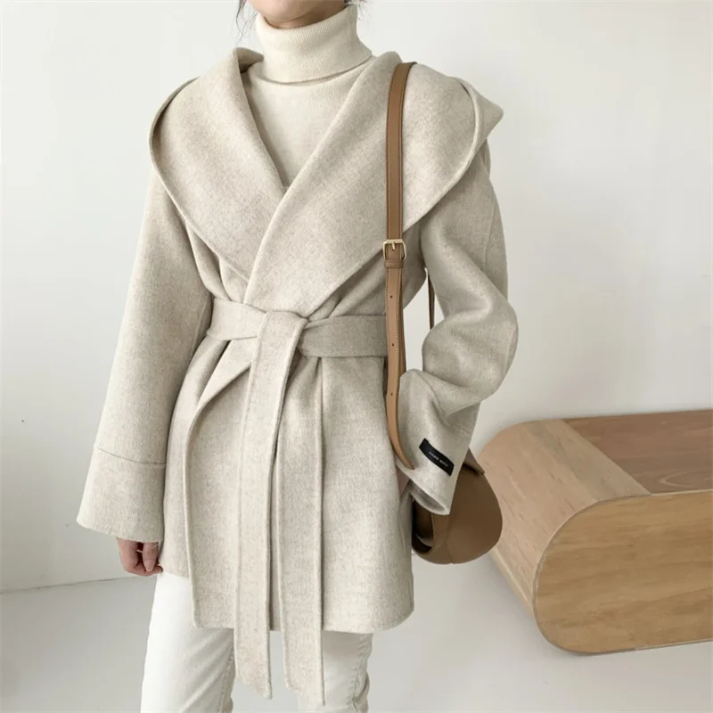 Hooded Jacket Ladies Elegant Solid Color Lace Up Woolen Jacket Outerwear Vintage Woolen Coat Women Autumn Winter Blend Wool Coat