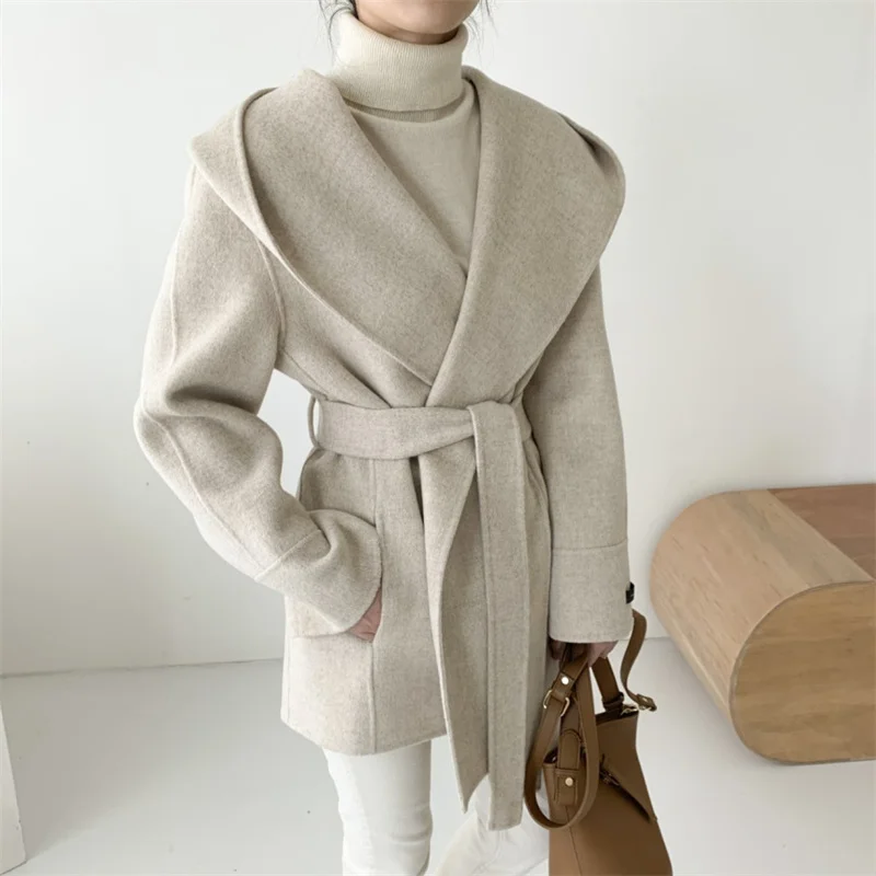 Hooded Jacket Ladies Elegant Solid Color Lace Up Woolen Jacket Outerwear Vintage Woolen Coat Women Autumn Winter Blend Wool Coat