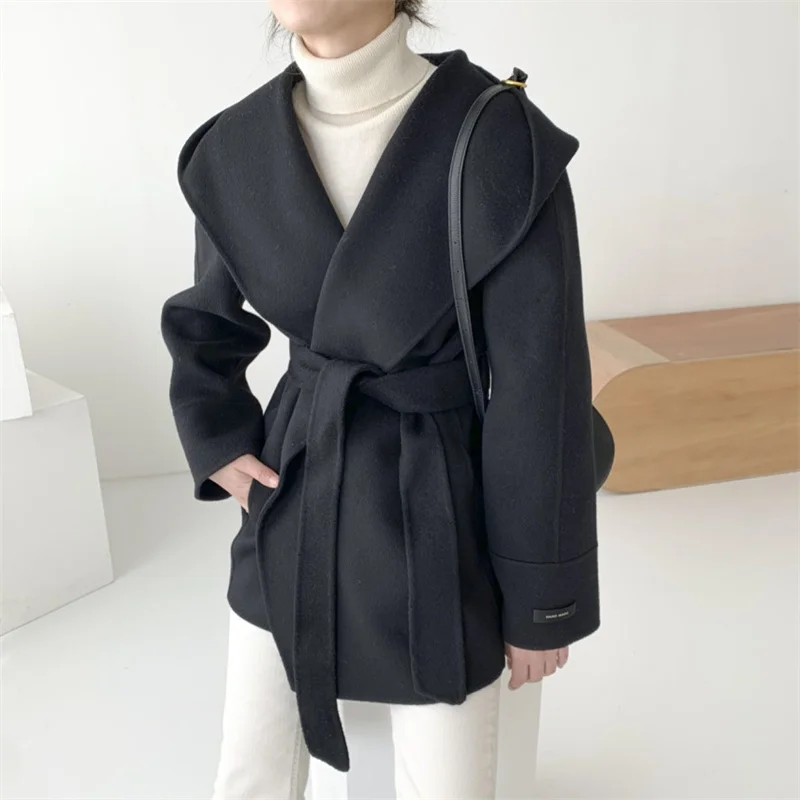 Hooded Jacket Ladies Elegant Solid Color Lace Up Woolen Jacket Outerwear Vintage Woolen Coat Women Autumn Winter Blend Wool Coat