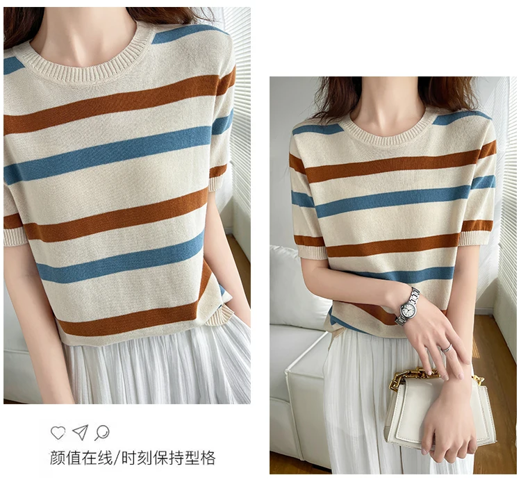 Women's T-Shirt Summer 100% Cotton Sweater Short Sleeve Striped Knitted Round Neck Ladies Tops Loose Blouse Pullover Tees