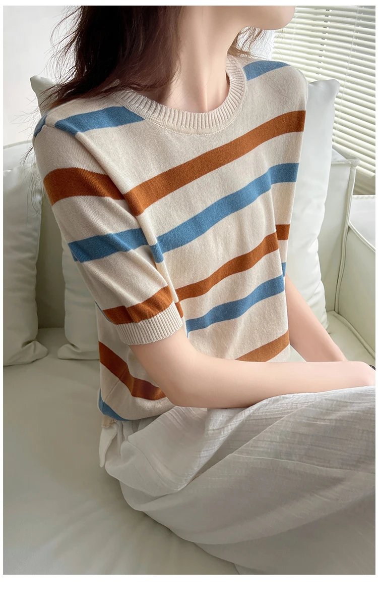 Women's T-Shirt Summer 100% Cotton Sweater Short Sleeve Striped Knitted Round Neck Ladies Tops Loose Blouse Pullover Tees