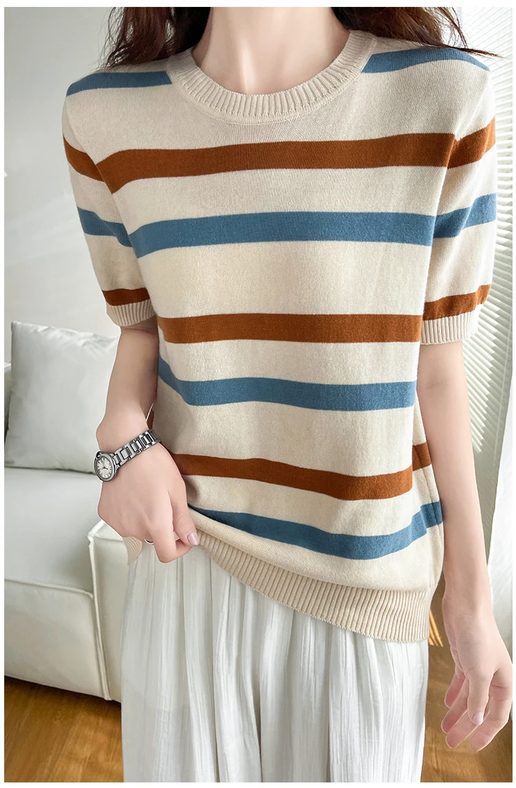 Women's T-Shirt Summer 100% Cotton Sweater Short Sleeve Striped Knitted Round Neck Ladies Tops Loose Blouse Pullover Tees